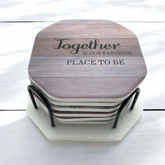 Home Sweet Home Themed Stone Coaster Set of Six With Stand White Natural Colors - Picture 1 of 4